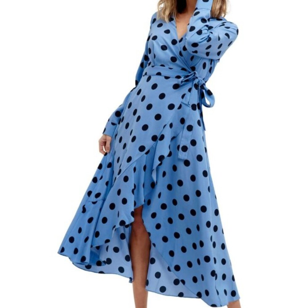 Cooper St Blue Polka Dot Ruffled Long Sleeve Retro Wrap Dress Size Small